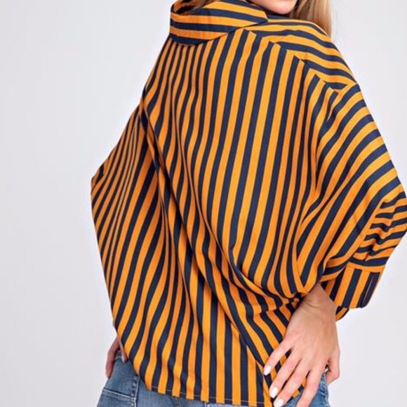 *NEW* MUSTARD AND NAVY STRIPED COLLARED BLOUSE WITH SURPLICE NECKLINE - Picture 3 of 4